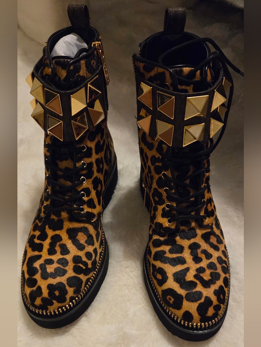 Michael Kors Leopard Print Lace-Up Combat Boots with Gold Studs